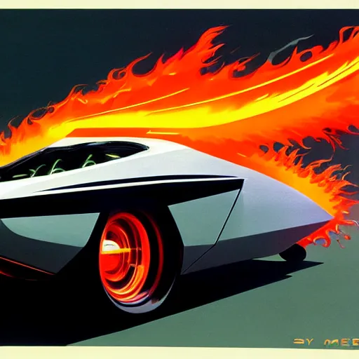 Image similar to concept art for a car with flame throwers, painted by syd mead, high quality