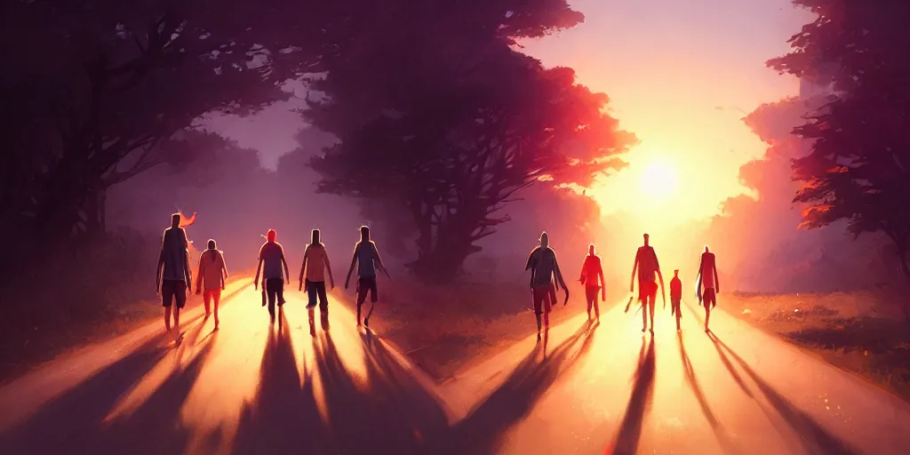 Image similar to a group of close friends walking down the road at sunset, nostalgic, details, sharp focus, illustration, by jordan grimmer and greg rutkowski, trending artstation, pixiv, digital art