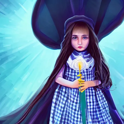 Prompt: mysterious girl child with her long black hair dressed in a chequered cape, carrying blue very big magical crystal, digital art, hd, 4 k, hyper detailed