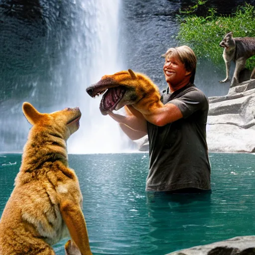 Prompt: steve irwin playing with dingo and crocodile in front of waterfall, epic detailed cinematic award winning profile photography 8 k