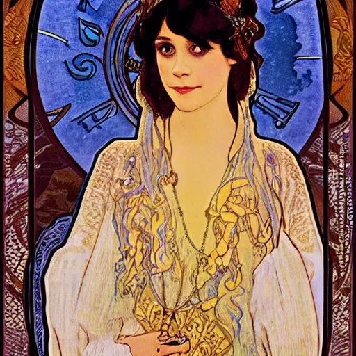 Prompt: zooey deschanel portrait by louis - theophile hingre and alphonse mucha, realistic, sharp focus, zodiac signs, tarot cards, planets, ethereal, art nouveau, magic, moon, sun, crown, dreamy, royal, jewellery