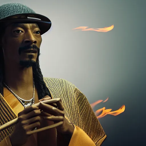 Prompt: cinematic film still of Snoop Dogg starring as a Samurai holding fire, Asian CGI, VFX, 2022, 40mm lens, shallow depth of field, film photography