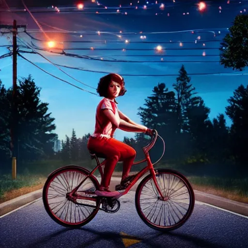 Image similar to wendy thomas as ( maxine mayfield ) from stranger things riding her bike in the middle of the street, the bike's flashlight illuminating the ground, the clear sky, realistic, extremely high details, photorealistic, 2 0 2 2 s, soft lighting, 4 k, human photo