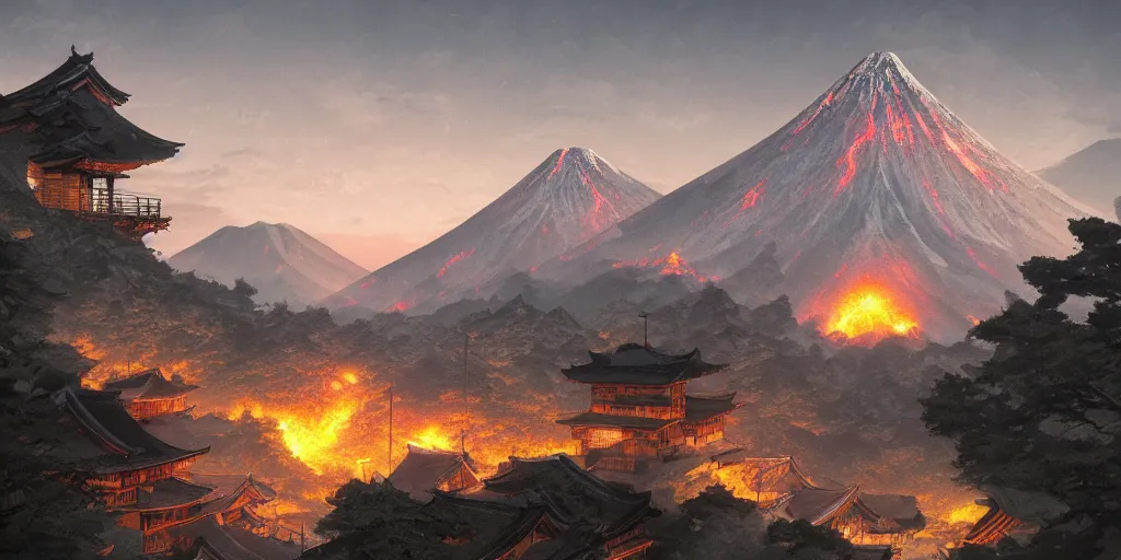 Prompt: a powerful japanese village high in mountains, fanart artstation global illumination rtx hdr fanart arstation 3 d, volcano, highly detailed, concept art by greg rutkowski and laurie greasley, fantastic landscape, 8 k,