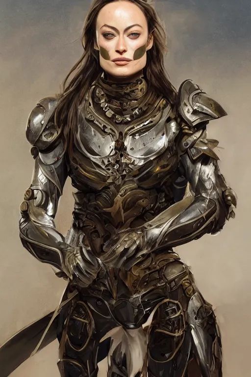 Image similar to a professionally painted portrait of Olivia Wilde, clothed in ancient battle armor, olive skin, long dark hair, beautiful bone structure, symmetrical facial features, face painted with camouflage, intricate, elegant, digital painting, trending on Artstation, concept art, smooth, sharp focus, illustration, from Metal Gear by Ruan Jia and Mandy Jurgens and Artgerm and and william-adolphe bouguerea, award winning