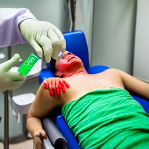 Image similar to a crying blood donor donating green blood in the hospital. green blood is dripping from blood donor's arm on to the floor.