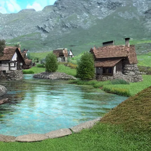 Image similar to a village built on a tarn, mountain lake, highly detailed, 8k, Unreal Engine, render