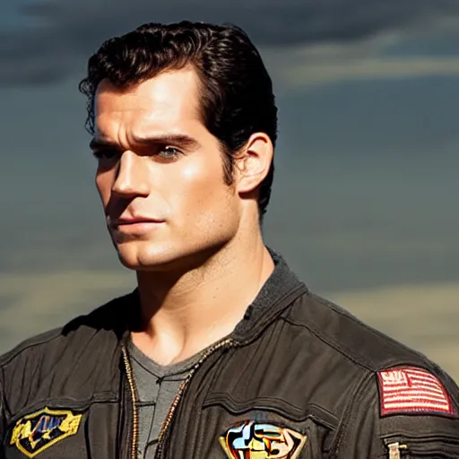 Image similar to Henry Cavill as pilot in Top Gun, promo shoot, studio lighting