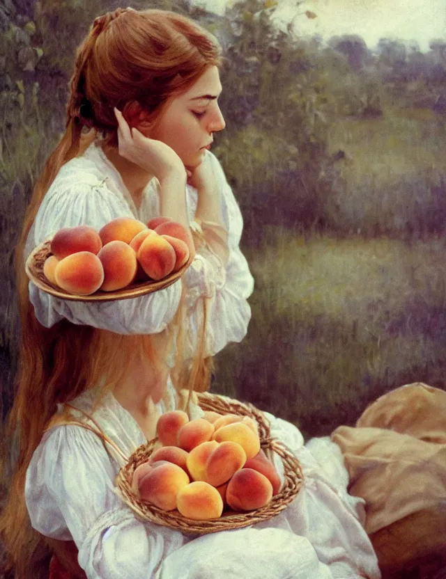 Image similar to peasant girl eating peaches, portrait, lolita style, Cottage core, Cinematic focus, Polaroid photo, vintage, neutral colors, soft lights, foggy, by Steve Hanks, by Serov Valentin, by Andrei Tarkovsky, by Terrence Malick, 8k render, detailed, oil on canvas