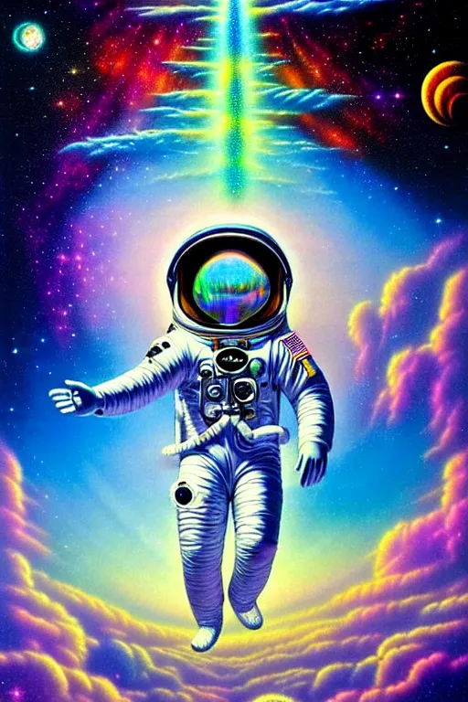 Prompt: a photorealistic detailed image of a beautiful vibrant iridescent astronaut formed of clouds, spiritual science, divinity, utopian, by david a. hardy, hana yata, kinkade, lisa frank,