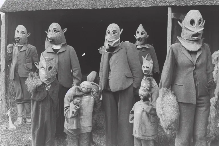 Image similar to vintage photo of villagers wearing weird masks outside a barn by hilla becher, eerie, bizarre, highly detailed shot, dramatic 8 k uhd