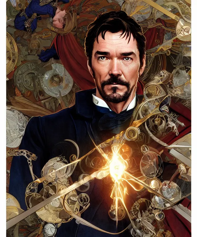 Image similar to Antony Starr as Doctor Stephen Strange, highly detailed, digital painting, artstation, concept art, smooth, sharp focus, illustration, ArtStation, art by artgerm and greg rutkowski and alphonse mucha and J. C. Leyendecker and Edmund Blair Leighton and Katsuhiro Otomo and Geof Darrow and Phil hale and Ashley wood and Ilya repin and Charlie Bowater