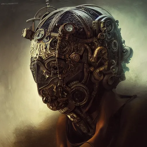 Image similar to Highly detailed central composition studio photography of face with venetian mask, intricate, dystopian, pulp sci-fi, extremely detailed, digital painting, artstation, concept art, smooth, sharp focus, illustration, intimidating lighting, incredible art by Anna Dittmann and Anton Pieck and Vincent di Fate