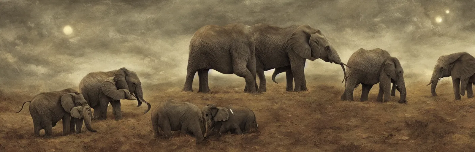 Image similar to two adult elephants and a baby elephants sleeping soundly under a starry sky, small group, surrounded by savannah, illustration, detailed, smooth, soft, warm, by Adolf Lachman, Shaun Tan, Surrealism