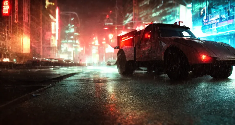 Image similar to macro closeup photo of combat tesla cybertruck hovering over wet dystopian cyberpunk city streets at night, mad max, action, speed, volumetric lighting, hdr, need for speed, gta 5, ridley scott, makoto shinkai, syd mead, craig mullins, cinematic, fast and furious, blade runner, octane, 8 k, iso 1 0 0