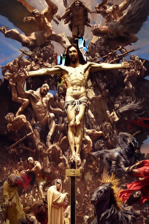 Prompt: realistic photo of the apocalypse, in the center of the image christ crucified and dismembered by demons, in the heavens horsemen of the apocalypse wreak havoc, deep focus, intricate, elegant, highly detailed, digital painting, art station, concept art, matte, sharp focus, illustration, art by artgerm and greg rutkowski and alphonse mucha