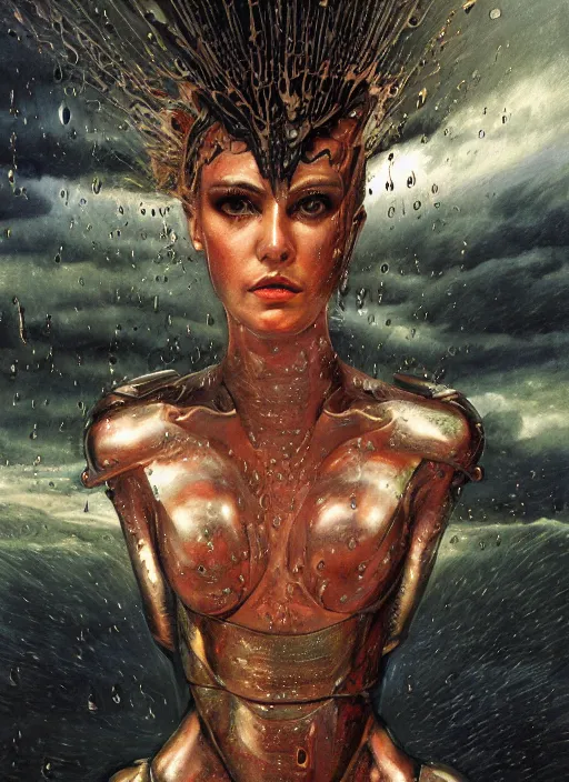 Image similar to a biblical diabolical beautiful female android, rain on face, shiny hi tech armor, dynamic pose, splashing, heavy eyes to the side, glowing veins, in clouds, rain, sunset, portrait, by gerald brom, by mikhail vrubel, by peter elson, muted colors, extreme detail, reflections, trending on artstation, 8 k