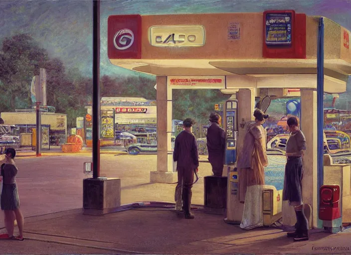 Image similar to people exterior gas station in the style of jeremy enecio, intricate, miles johnston, monet, cynical realism, john william godward, painterly, yoshitaka amano, miles johnston, louise zhang, pekka halonen, finnish naturalism, realism