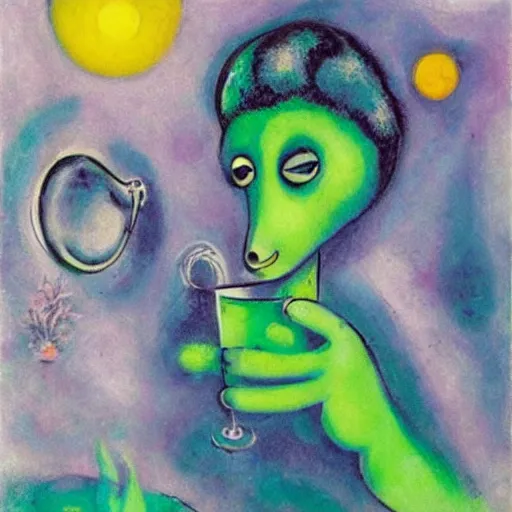 Image similar to an alien drinking horchata, detailed, painting by marc chagall