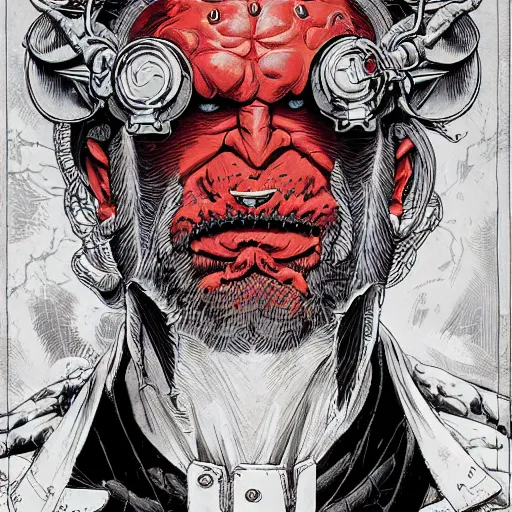 Image similar to portrait of crazy hellboy, symmetrical, by yoichi hatakenaka, masamune shirow, josan gonzales and dan mumford, ayami kojima, takato yamamoto, barclay shaw, karol bak, yukito kishiro