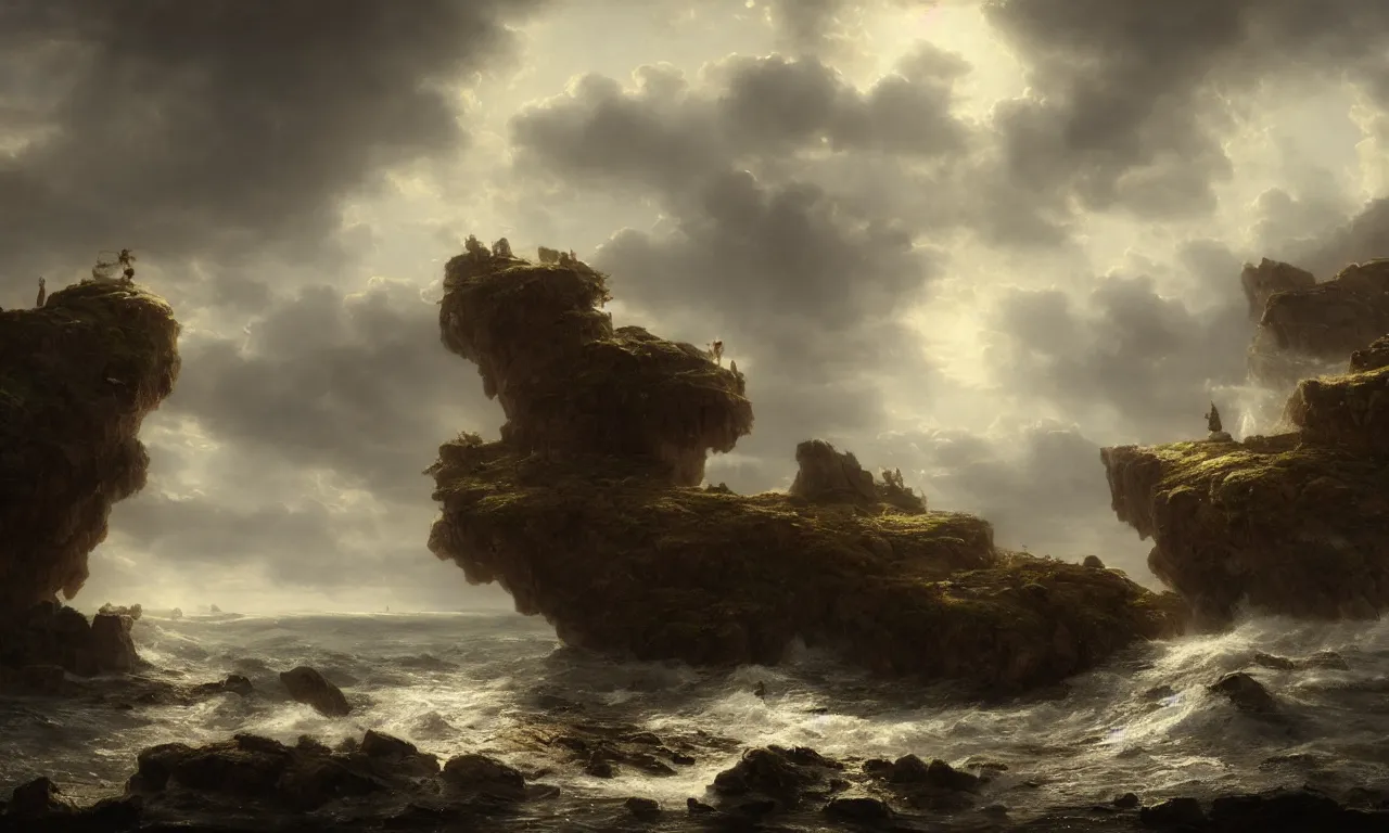 Image similar to crashing on the rocks of cursed island. andreas achenbach, artgerm, mikko lagerstedt, zack snyder, tokujin yoshioka