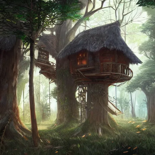 Image similar to concept art painting of treehouses made out of trees, trees with doors and windows in a deep forest, realistic, detailed, cel shaded, in the style of makoto shinkai and greg rutkowski and james gurney