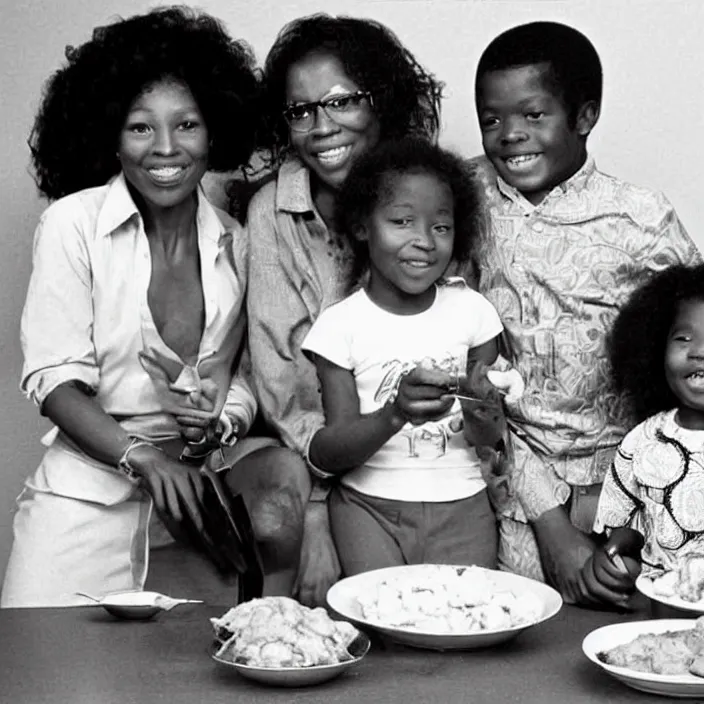 Image similar to vintage realistic photo of an African American family in 1979 with two daughters and a son eating chicken, mash potatoes, and rolls for dinner. While “good times” plays on the tv in the background