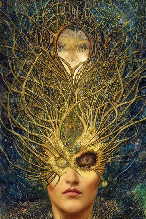 Image similar to The Heart of Thorns by Karol Bak, Jean Deville, Gustav Klimt, and Vincent Van Gogh, otherworldly, fractal structures, arcane, prophecy, ornate gilded medieval icon, third eye, spirals