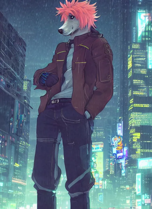 Image similar to character portrait of a male anthro wolf fursona with a tail and a cute beautiful attractive furry face wearing stylish cyberpunk clothes in a cyberpunk city at night while it rains. hidari, color page, tankoban, 4K, tone mapping, Akihiko Yoshida.