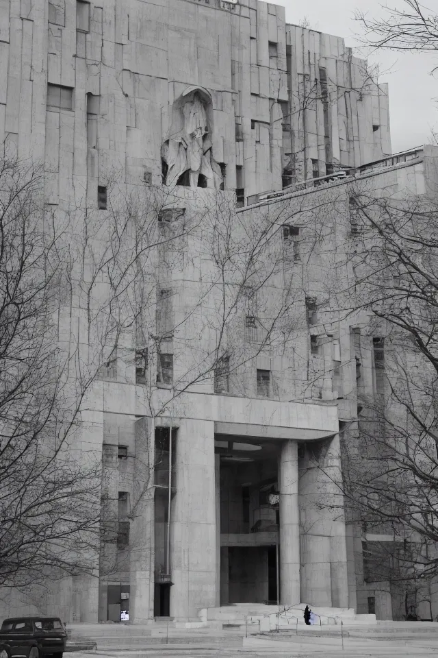 Image similar to a photograph of an enormous building, official courthouse, statues looking down on the gigantic door, brutalist architecture, long shot,