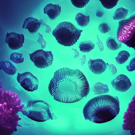 Prompt: underwater black background picture of a school of jellyfish, black background, colorful bioluminescence green glow, abyssal, 3 d octane render, very detailed, national geographic, studio lightning, 8 k, high definition