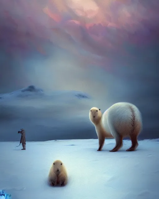 Image similar to white capybara at a cold tundra land, surreal photography, dramatic, impressionist painting, colorful clouds, digital painting, artstation, kilian eng, john harris, bastien lecouffe - deharme, simon stalenhag, flower face