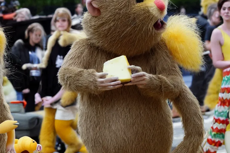 Image similar to photo, emma watson as furry rat, teletubbies around, eats cheese, highly detailed, intricate details