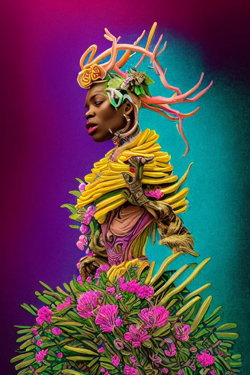 Image similar to illustration neo - rococo cinematic super expressive! yoruba goddess with exoskeleton armor, merging with tree in a forest, pink yellow flowers, highly detailed digital art masterpiece, smooth etienne sandorfi eric zener dramatic pearlescent soft teal light, ground angle hd 8 k, sharp focus