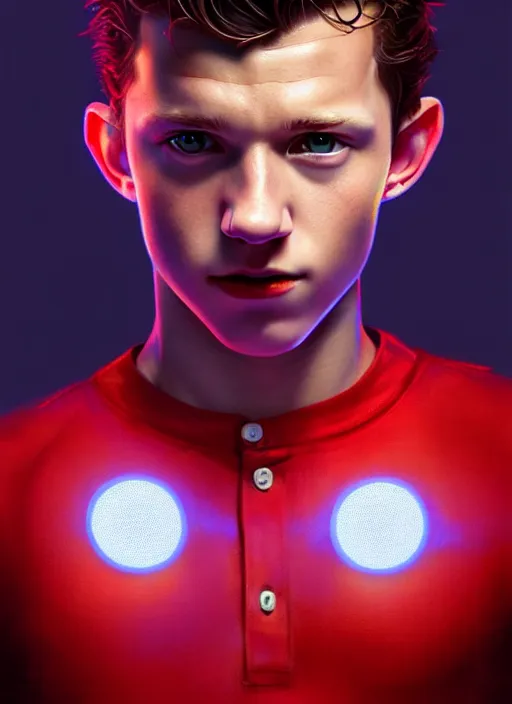 Prompt: portrait of tom holland with hazel eyes, hazel colored eyes, red shirt, intricate, elegant, glowing lights, highly detailed, digital painting, artstation, concept art, smooth, sharp focus, illustration, art by wlop, mars ravelo and greg rutkowski