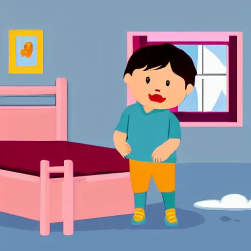 Prompt: little kid in his room holding teddy bear in style of kids book illustration