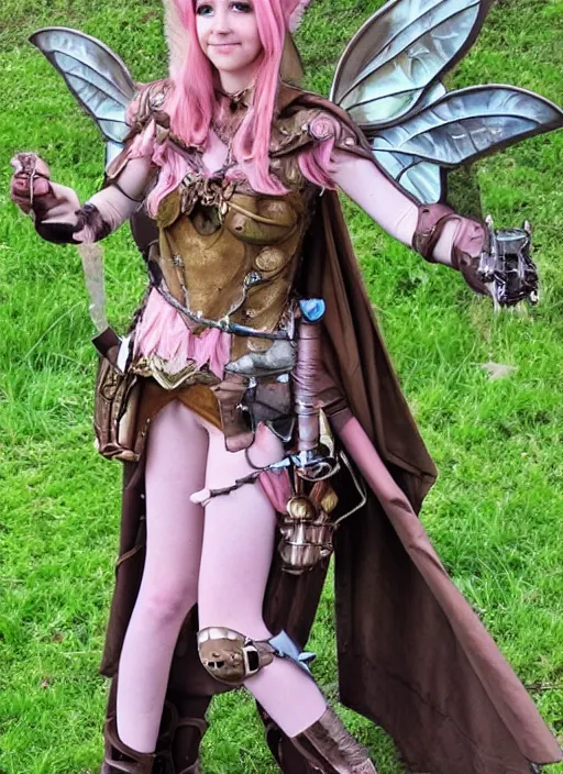 Prompt: Brown hair pink eye female faerie paladin planeteer + Tinkerbell +pixie hollow + steampunk + full dress + sparked and a full plate armor + D&D + full body