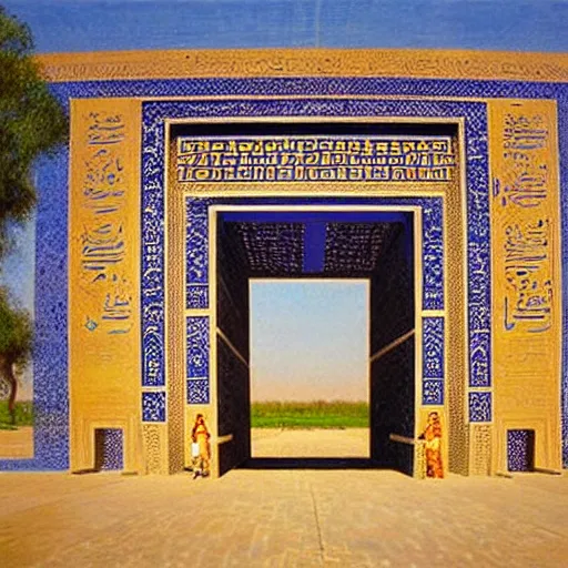 Image similar to A portal to a luminous dimension, the portal is shaped like the Ishtar Gate, Ishtar Gate, mesopotamic, fantasy, magic portal, art by James Gurney, James Gurney, 8K