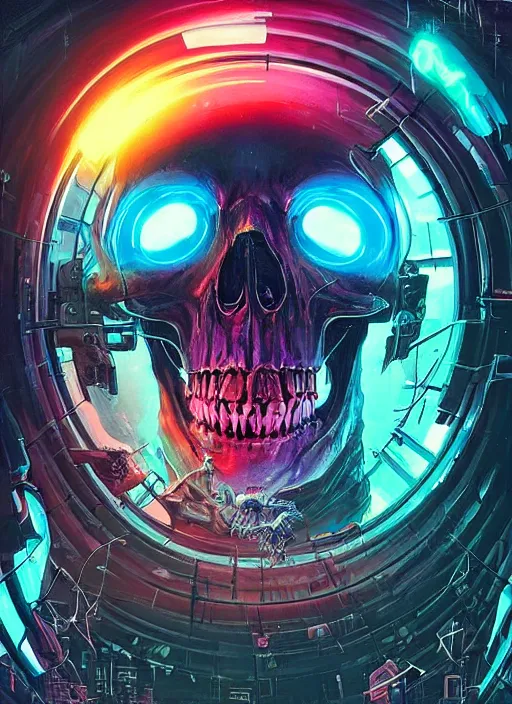 Image similar to a futuristic skull with glowing eyes and a wormhole tunnel cyberpunk art by android jones, cyberpunk art by beeple!!!!, featured on artstation, darksynth, synthwave