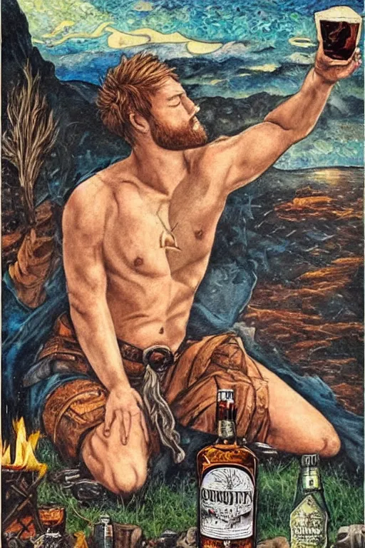 Prompt: a dramatic, epic, ethereal painting of a !handsome! (very thicc) mischievous shirtless cowboy with a beer belly wearing a large belt and bandana offering a whiskey bottle | he is relaxing by a campfire | background is a late night with food and jugs of whisky | homoerotic | stars, tarot card, art deco, art nouveau, mosaic, intricate | by Mark Maggiori (((and Alphonse Mucha))) | trending on artstation