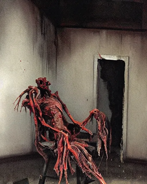 Prompt: dark figure seated on a throne in a decayed and ruined slaughterhouse cooler room in the style of Francis Bacon and Syd Mead and Norman Rockwell and Beksinski, hanging beef carcasses, slaughterhouse, open ceiling, highly detailed, painted by Francis Bacon and Edward Hopper, painted by James Gilleard, surrealism, airbrush, very coherent, triadic color scheme, art by Takato Yamamoto and James Jean