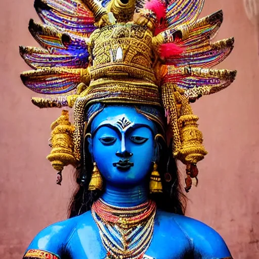 Image similar to a woman wearing an armor and headdress. the armor and headdress is made out of the colors, textures and sculptures of the meenakshi temple in madurai. intricate. detailed.