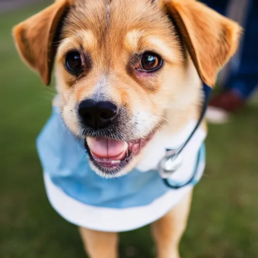 Image similar to a cute puppy wearing a doctor, dog cosplay, Canon EOS R3, f/1.4, ISO 200, 1/160s, 8K, RAW, unedited, symmetrical balance, in-frame