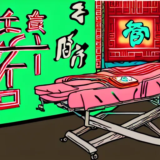 Image similar to chinese surgery operating table, in the style of daniel johnston and outsider art, 8k, line brush, overlaid with traditional chinese neon adverts