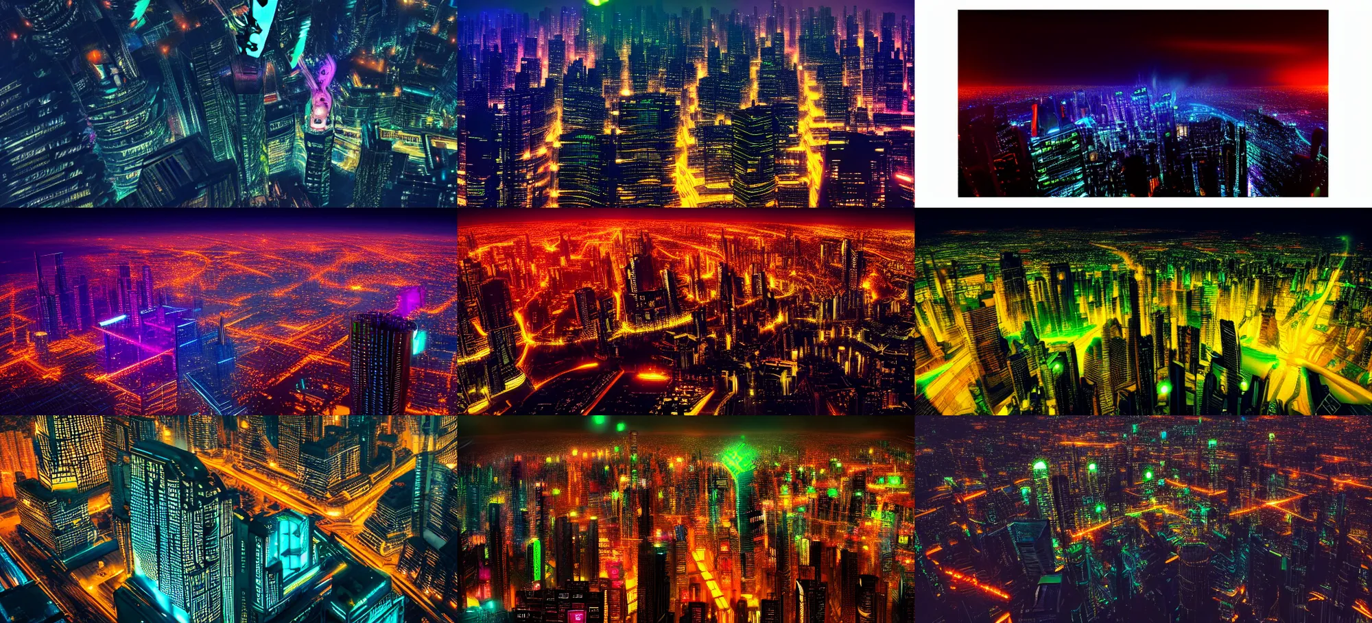 Prompt: photograph of enormous futuristic city, nighttime, aerial view, style of blade runner, cyberpunk, glowing multicolored neon, futuristic megastructures, award winning photo