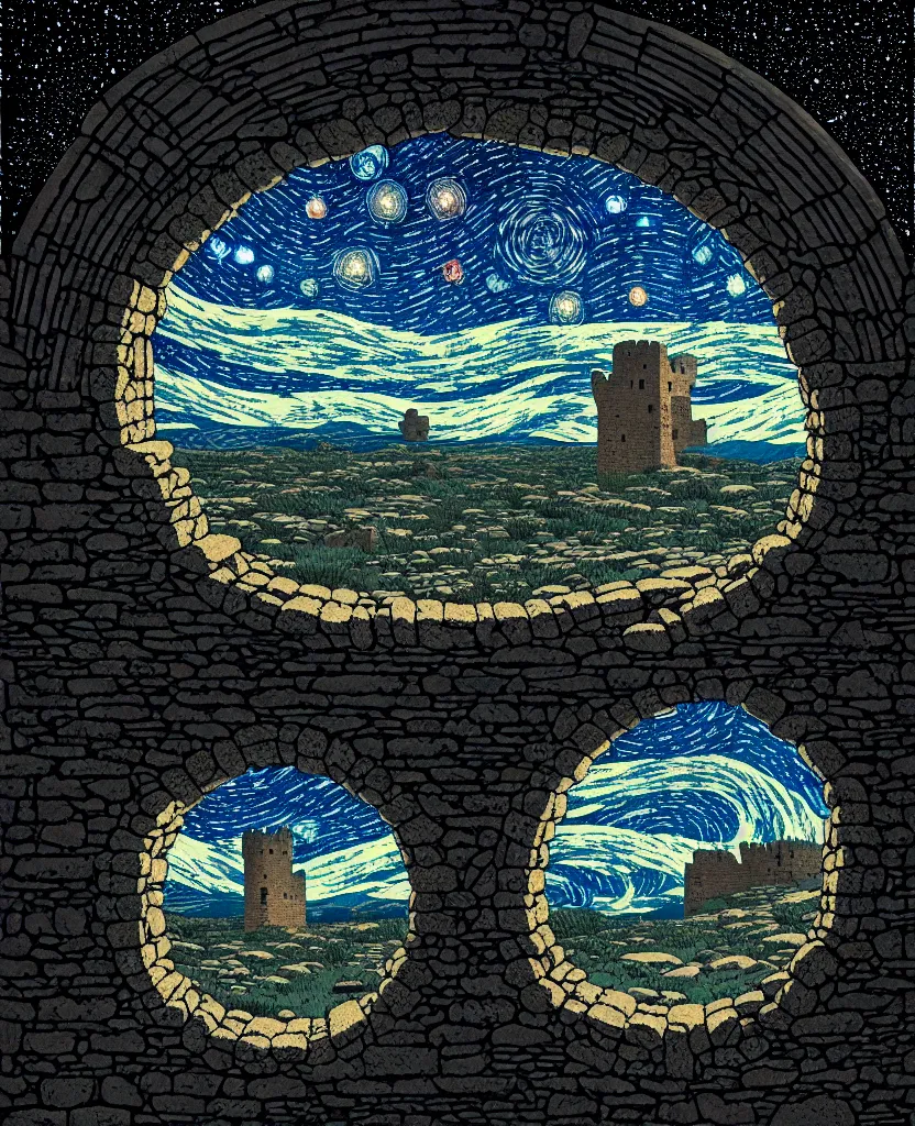 Image similar to stone wall inside of a ancient castle, round window looking out to the starry night sky, high details, intricately detailed, by vincent di fate, inking, 3 color screen print, masterpiece, trending on artstation,, sharp, details, hyper - detailed, hd, 4 k, 8 k