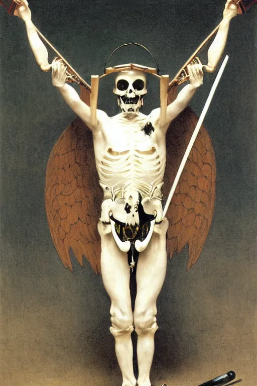 Image similar to portrait of a skeleton archer wearing samurai helmets and armor with wings, with big sword, symmetrical, solemn, sacred, aura, by bouguereau