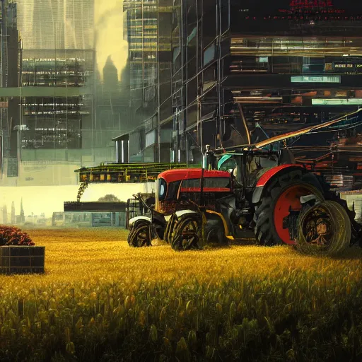 Prompt: agricultural machinery as a world leader, cyberpunk, machine revolution,, art by alex jay brady, matte painting, trending on artstation
