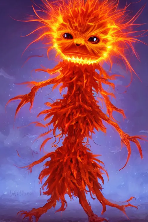 Image similar to a glowing humanoid figure dandelion monster with large glowing eyes, surrounded by fiery orange, highly detailed, digital art, sharp focus, trending on art station, artichoke, anime art style