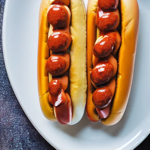 Prompt: A delicious hot dog on a plate, garnish, melted cheese, relish, mustard, chili, food photography, michelin star